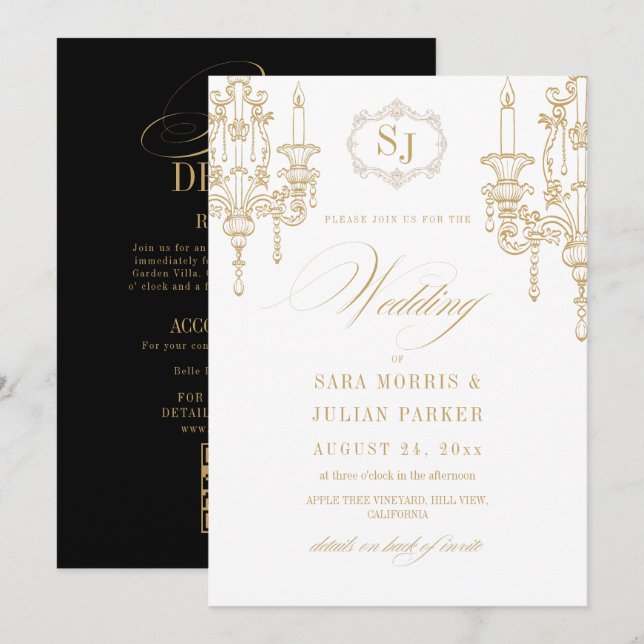 Invitation Mariage Tout en Un Or Vieilli Blanc Noir (Devant / Derrière)