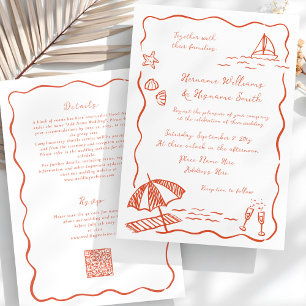 Invitation Mariage tout-en-un QR RSVP à main rouge de plage