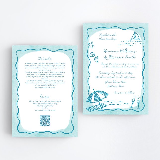 Invitation Mariage tout-en-un QR RSVP Turquoise de plage (Créateur téléchargé)