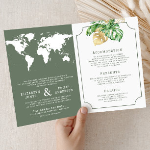 Invitation Mariage Tout en Un Sage Vert Feuilles Tropicales