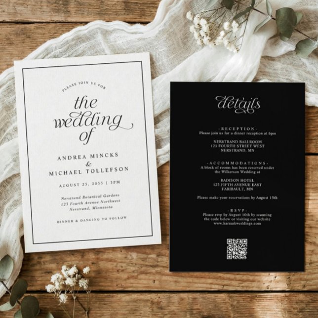 Invitation Mariage Tout en Un Simple Bordure Noir et Blanc (Elegant black and white wedding invitation with calligraphy, simple border, and QR code.)