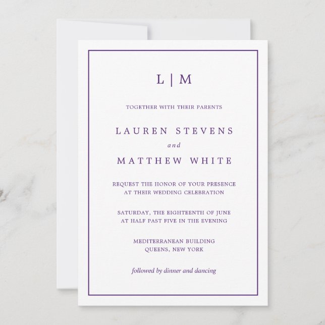 Invitation Mariage Tout En Un Ton Bijou Violet Monogramme (Devant)