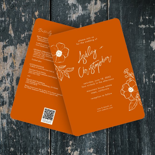 Invitation Mariage tout-en-un végétal orange végétal minimal (Créateur téléchargé)