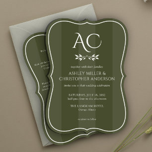 Invitation Mariage tout-en-un vert à rayures monogrammes mini