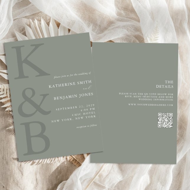 Invitation Mariage Tout en Un Vert Sauge Moderne Monogramme (Créateur téléchargé)