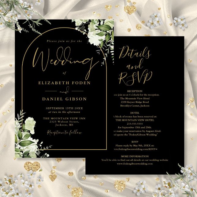 Invitation Mariage Tout En Un Verture Noir Et Or Arch (All In One Greenery Black And Gold Arch Wedding Invitation)