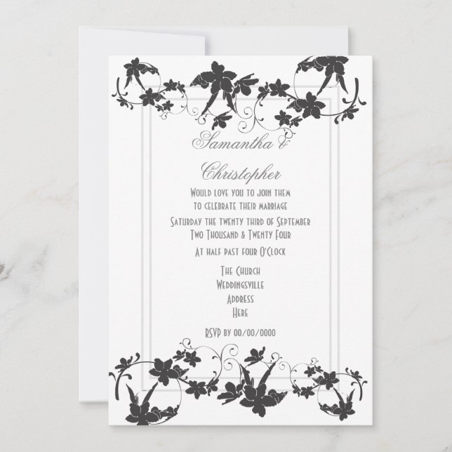 Invitation Mariage traditionnel à fleurs noir et blanc (Devant)