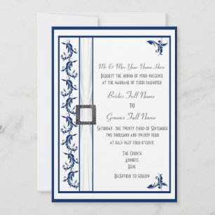 Invitation Mariage traditionnel bleu marine simple et blanc