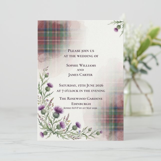 Invitation Mariage traditionnel chardon écossais tartan (Debout devant)