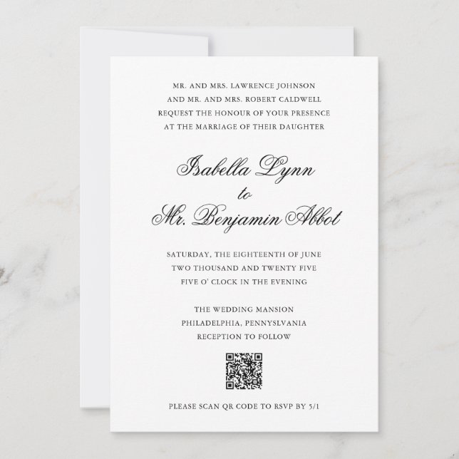 Invitation Mariage traditionnel de code QR noir et blanc (Devant)