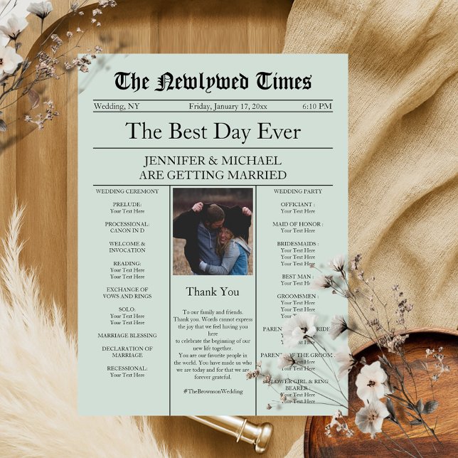 Invitation Mariage traditionnel de journal vintage vert (Créateur téléchargé)