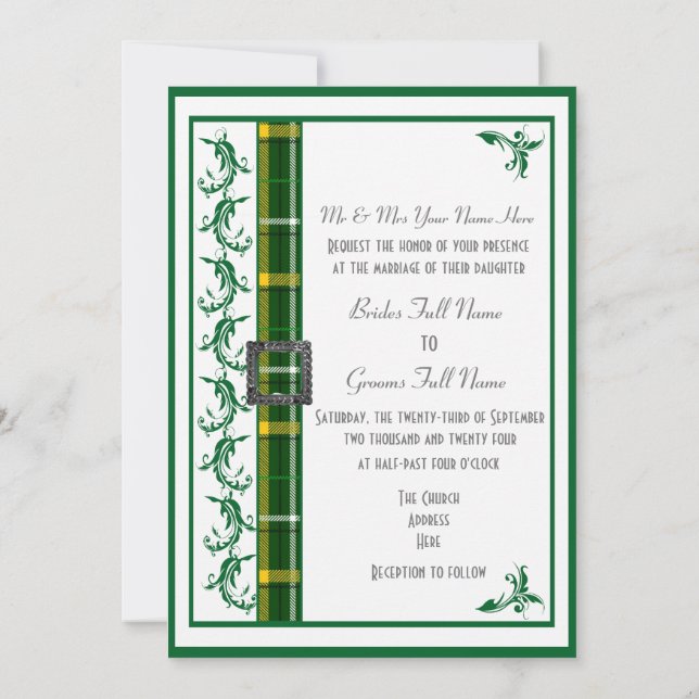 Invitation Mariage traditionnel écossais vert et blanc (Dos)