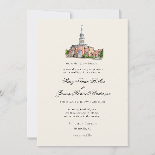 Invitation Mariage Traditionnel Église Aquarelle (Devant)