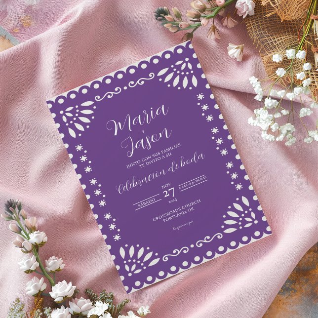 Invitation Mariage Traditionnel Espagnol Papel Picado Violet (Purple Papel Picado Traditional Spanish Wedding Invitation)