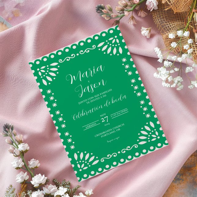 Invitation Mariage Traditionnel Espagnol Papier Picado Vert (Green Papel Picado Traditional Spanish Wedding Invitation)