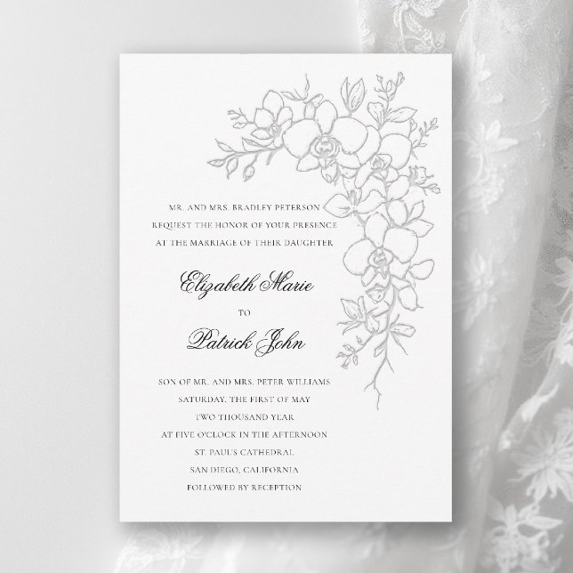 Invitation Mariage Traditionnel Formel Éclat d'Orchidée Blanc (orchid wedding invitation white gleam formal modern classic traditional black tie parents hosting)