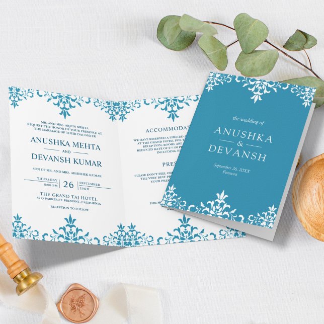 Invitation Mariage traditionnel indien élégant bleu damassé (Créateur téléchargé)