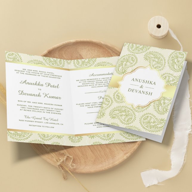 Invitation Mariage traditionnel indien paisley vert et or (Créateur téléchargé)