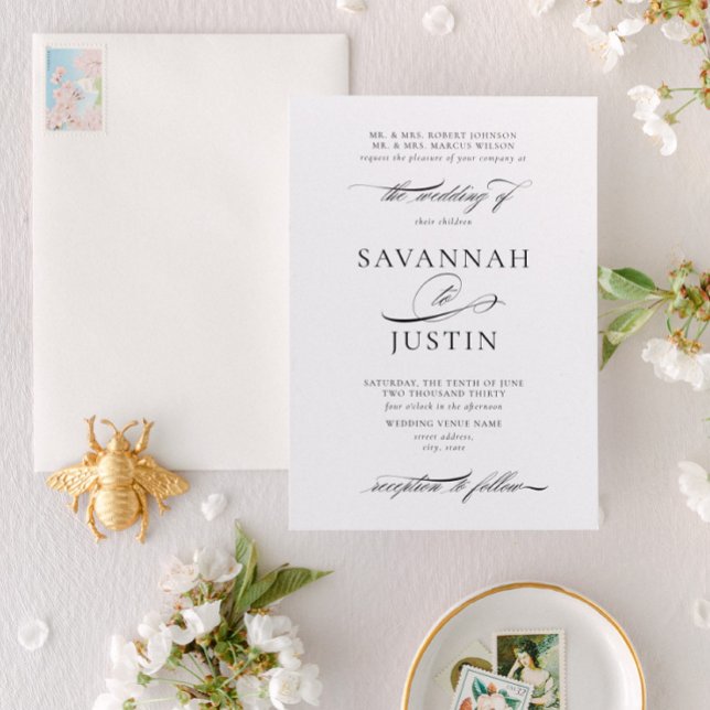 Invitation Mariage traditionnel noir et blanc (Designed for 2 sets of parents hosting the wedding)