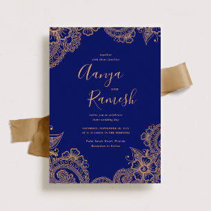 Invitation Mariage traditionnel Royal Blue et Gold Mehndi