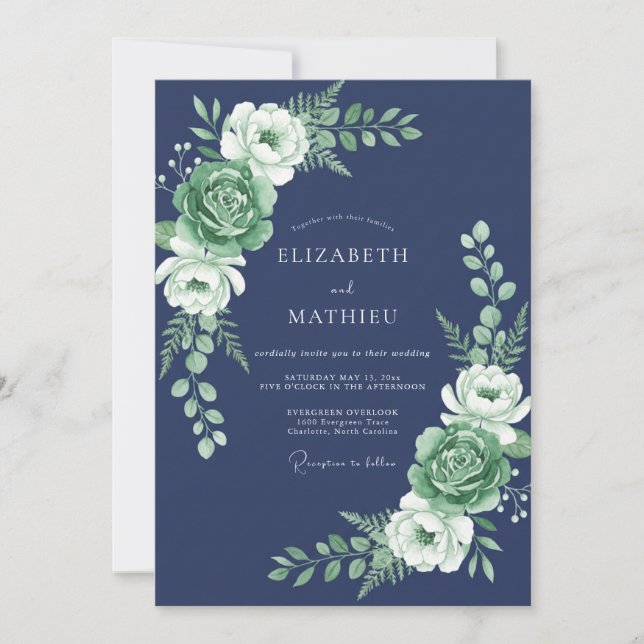 Invitation Mariage Tranquille Bleu Marine dans la Nature (Devant)