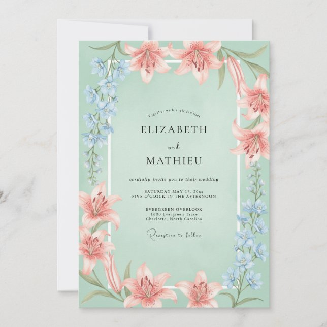 Invitation Mariage Tranquille Lys Vert Menthe (Devant)