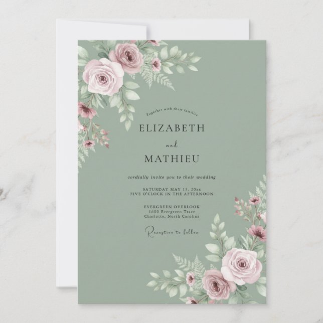 Invitation Mariage Tranquille Rose Vert Sauge (Devant)