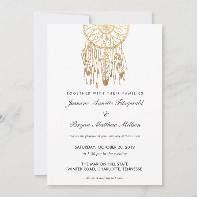 Invitation Mariage tribal Boho Dreamcatcher Faux Gold Foil (Devant)