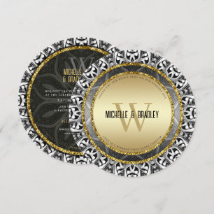 Invitation Mariage Tribal Noir Blanc & Or Rond