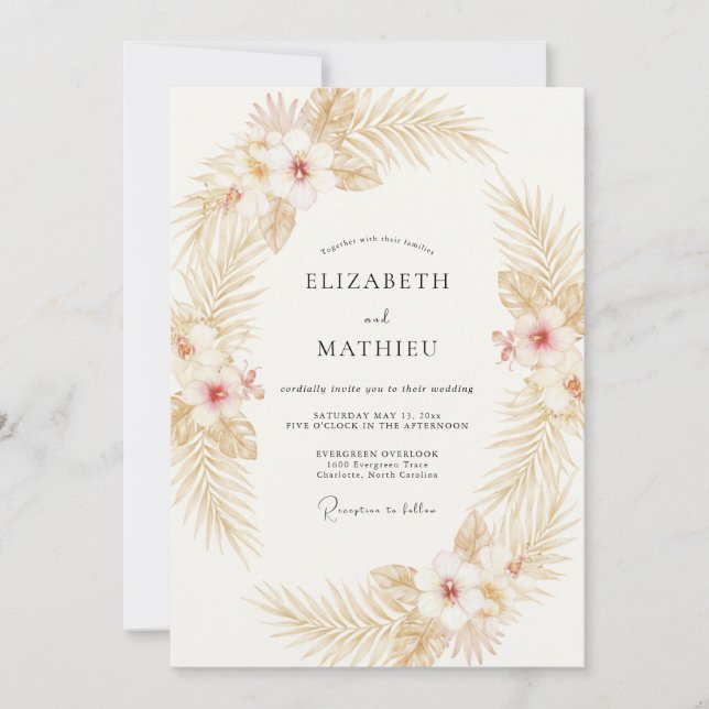 Invitation Mariage tropical à la feuille de palmier dorée et  (Devant)