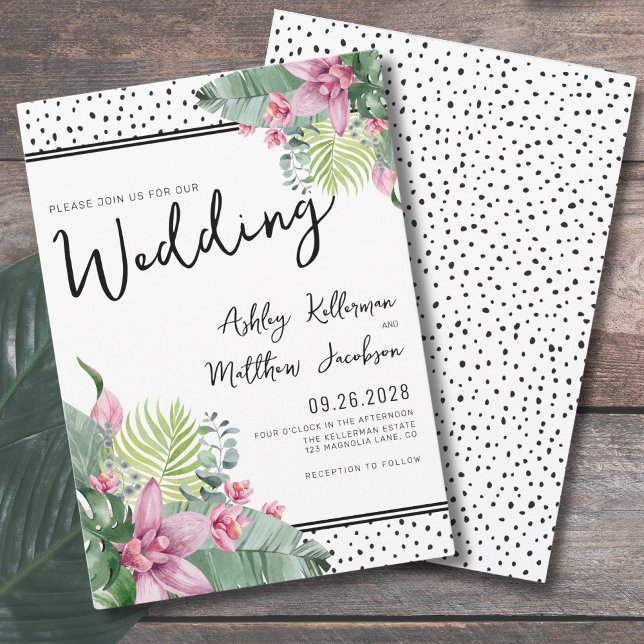 Invitation Mariage Tropical à la Palme Florale (Pink Green Floral Palm Watercolor Tropical Wedding Invitation)