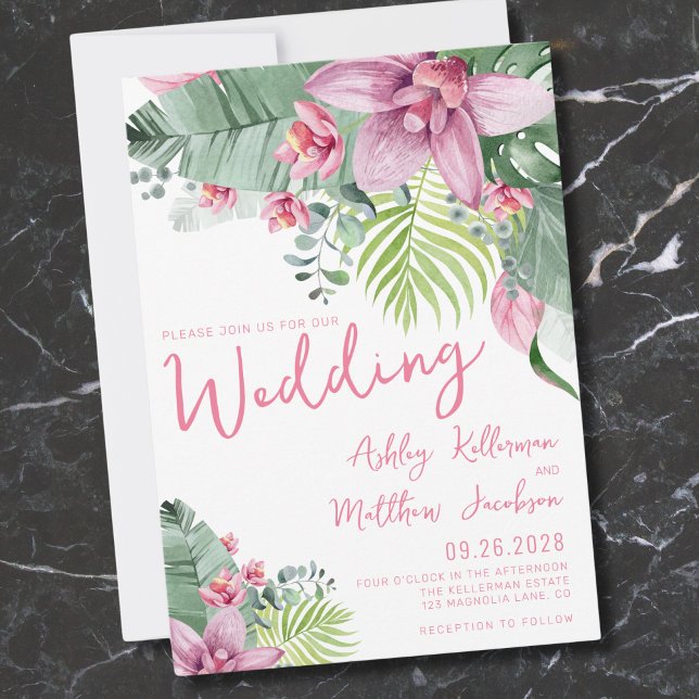 Invitation Mariage Tropical à la Palme Florale (Pink Green Floral Palm Leaves Tropical Wedding Invitation)