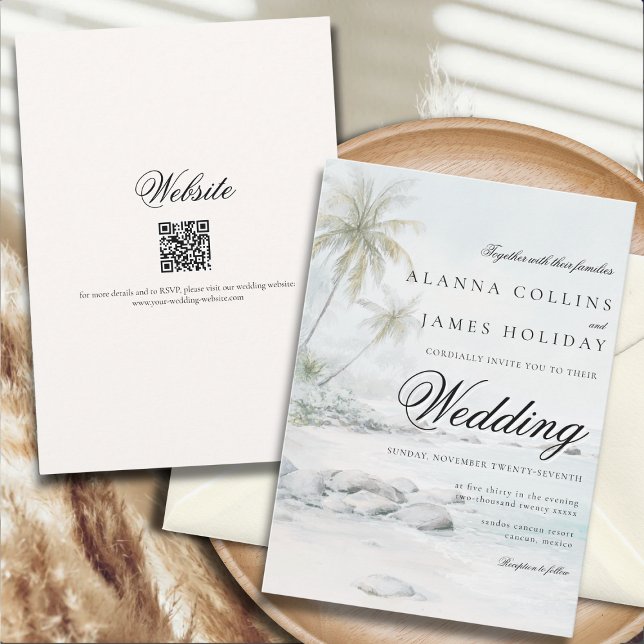 Invitation Mariage tropical à la plage avec palmiers à l'aqua (Créateur téléchargé)
