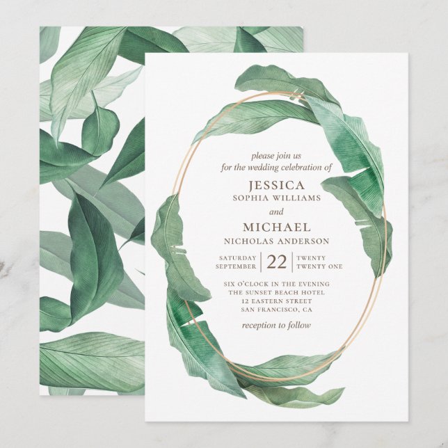 Invitation Mariage tropical à la verdure. Botanique aquarelle (Devant / Derrière)
