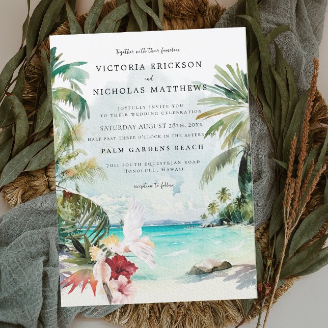 Invitation Mariage tropical à l'aquarelle sur la plage (Créateur téléchargé)