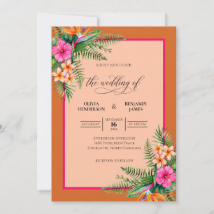 Invitation Mariage tropical à l'hibiscus et eucalyptus orange