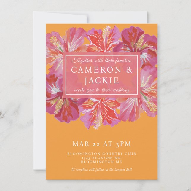 Invitation Mariage Tropical à l'Hibiscus Rose Vibrant  (Devant)