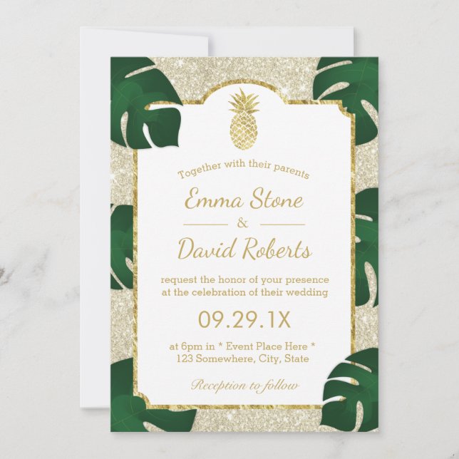 Invitation Mariage Tropical Ananas Élégant Paillettes Ivoire (Devant)