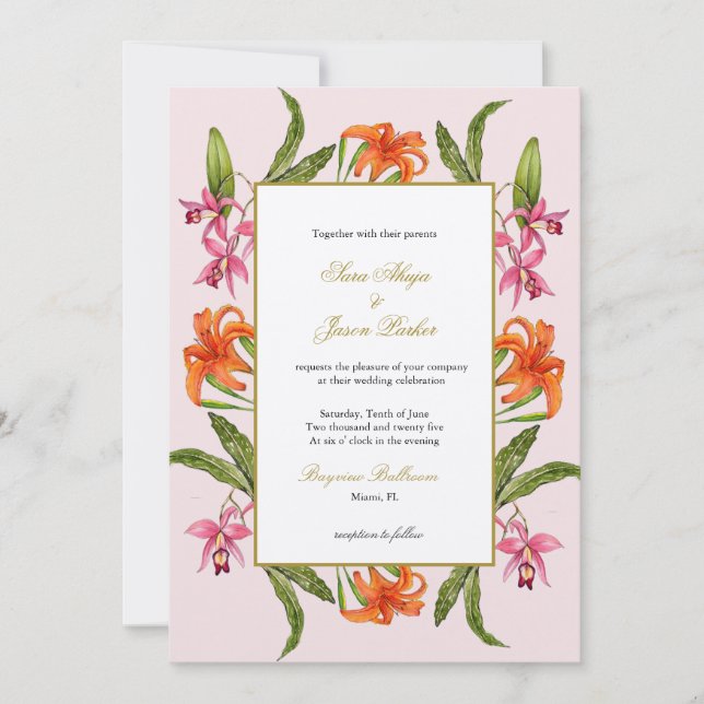 Invitation Mariage Tropical Aquarelle Fleur Rose (Devant)