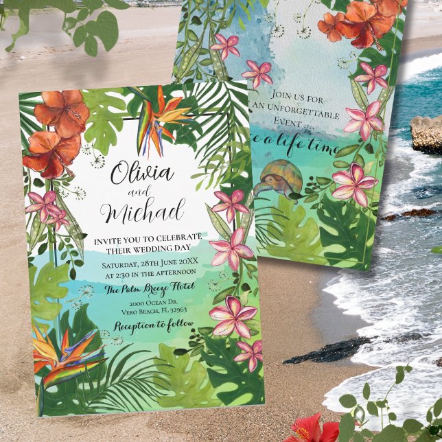 Invitation Mariage Tropical Aquarelle Peinture Unique Faite à (Tropical Wedding Watercolor Unique Hand Painted Invitation)