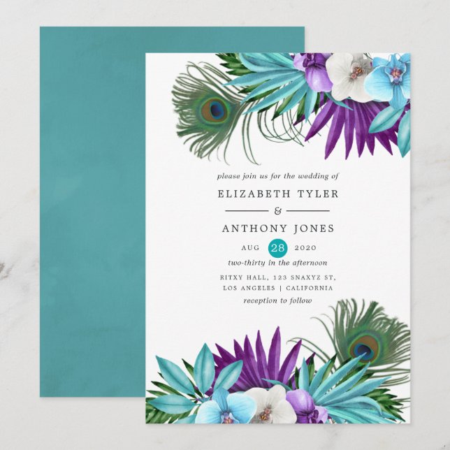 Invitation Mariage tropical aux orchidées aquarelle et paon (Devant / Derrière)