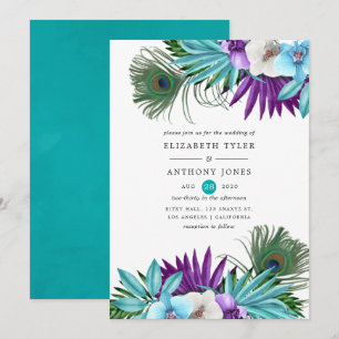 Invitation Mariage tropical aux orchidées aquarelle et paon