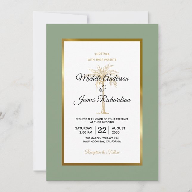 Invitation Mariage Tropical avec un Arbre à Palmes en Vert Sa (Devant)