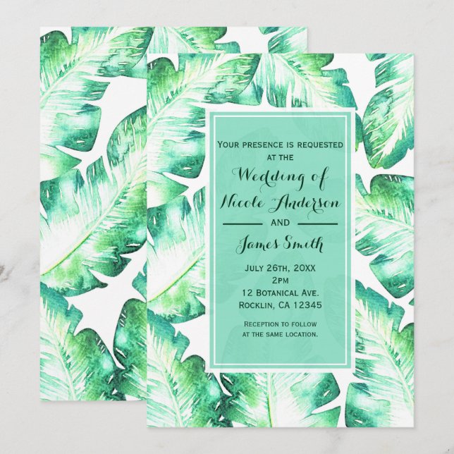 Invitation Mariage Tropical Blanc et Vert à la Plage (Devant / Derrière)