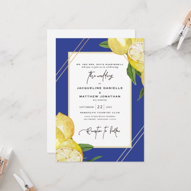 Invitation Mariage Tropical Bleu & Aquarelle Citron  (Devant/Arrière en situation)