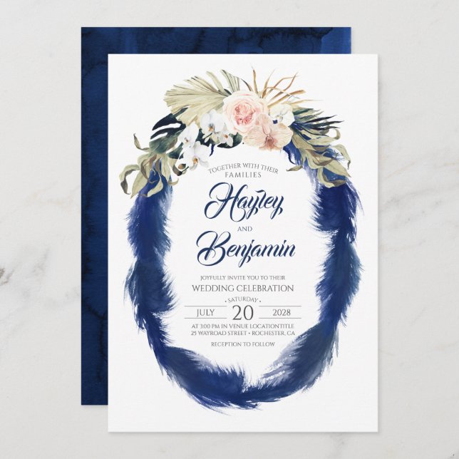 Invitation Mariage Tropical bleu et rose Pampas Grass Navy (Devant / Derrière)