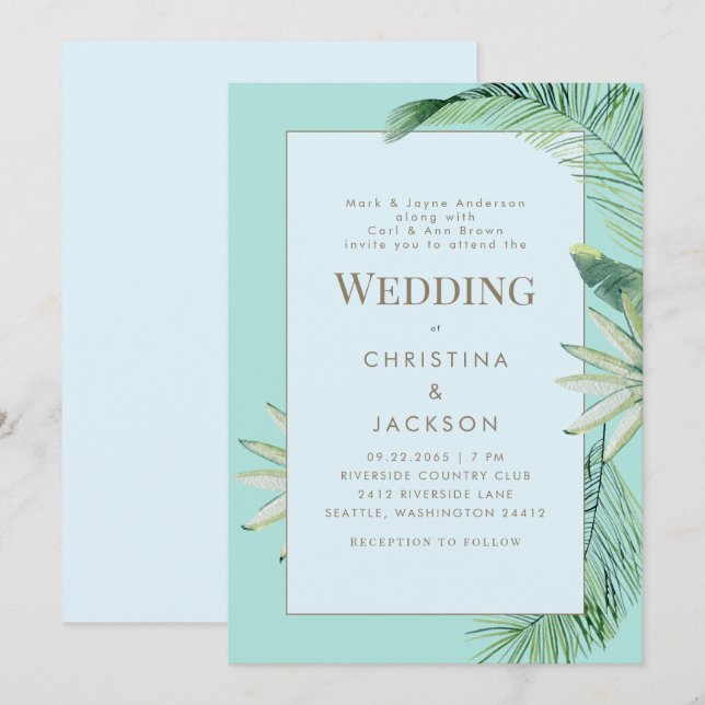 Invitation Mariage Tropical Bleu & Turquoise  (Devant / Derrière)