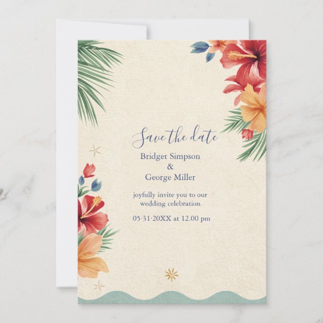 Invitation Mariage tropical bohème Hawaï à l'aquarelle (Devant)