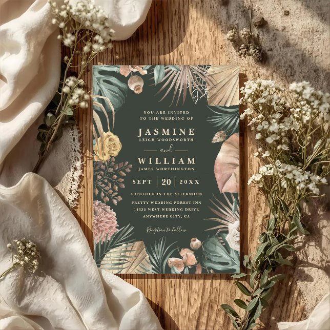 Invitation Mariage tropical boho floral rustique avec code QR (Créateur téléchargé)