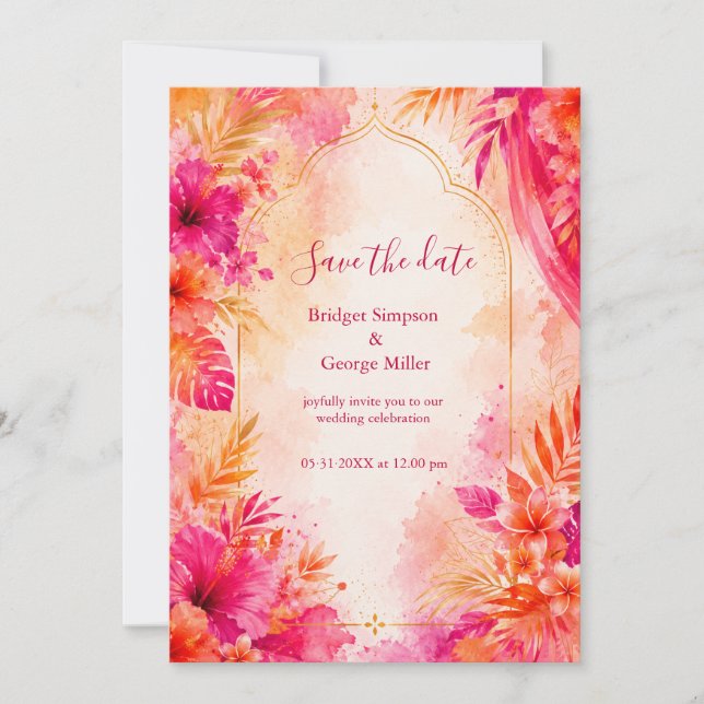 Invitation Mariage tropical Bollywood Hawaï gras (Devant)